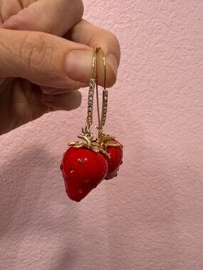 Gold-Tone Red Strawberry Drop Earrings - Women Jewelry